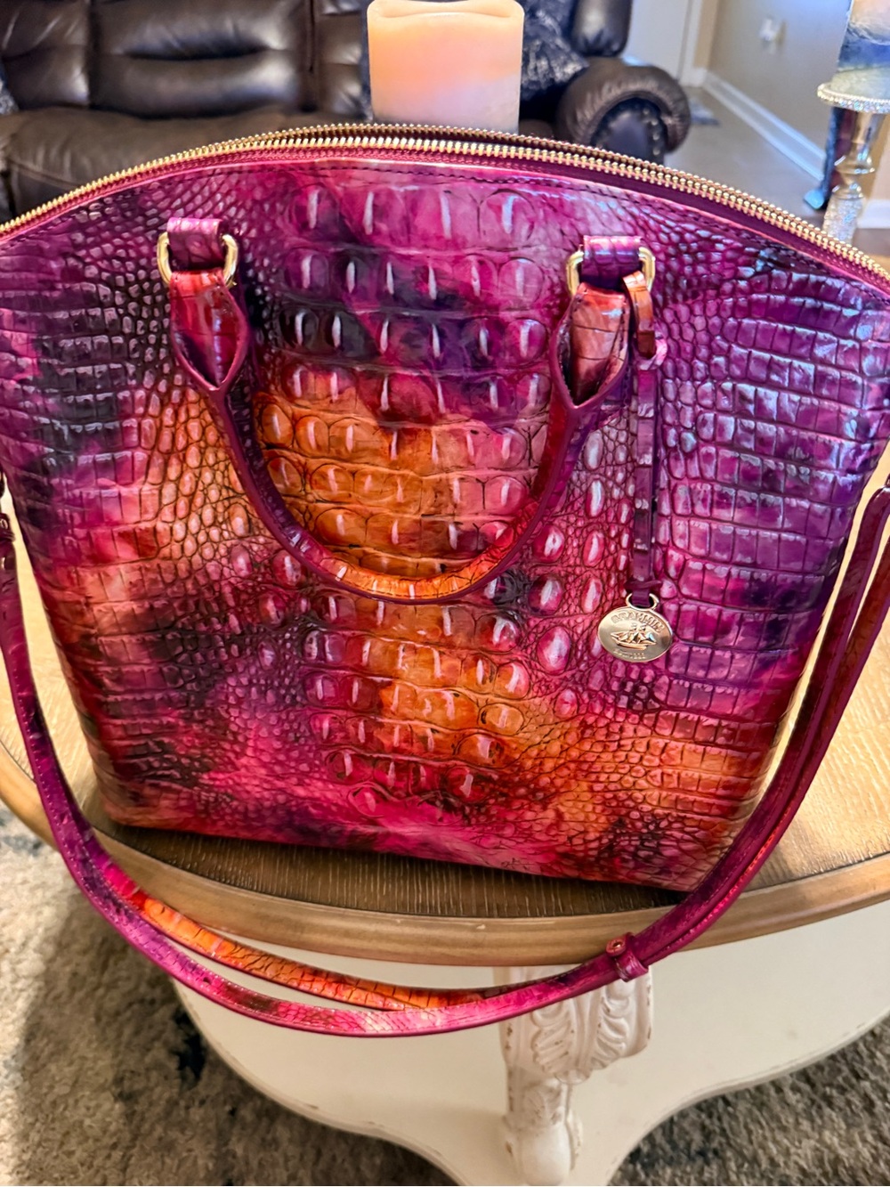 Brahmin Pink and Orange Croc-Embossed Satchel with Matching Wallet - Picture 5 of 10